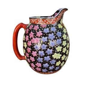 Vintage Satsuma Style Millefleur Porcelain Pitcher Gold Floral 8"